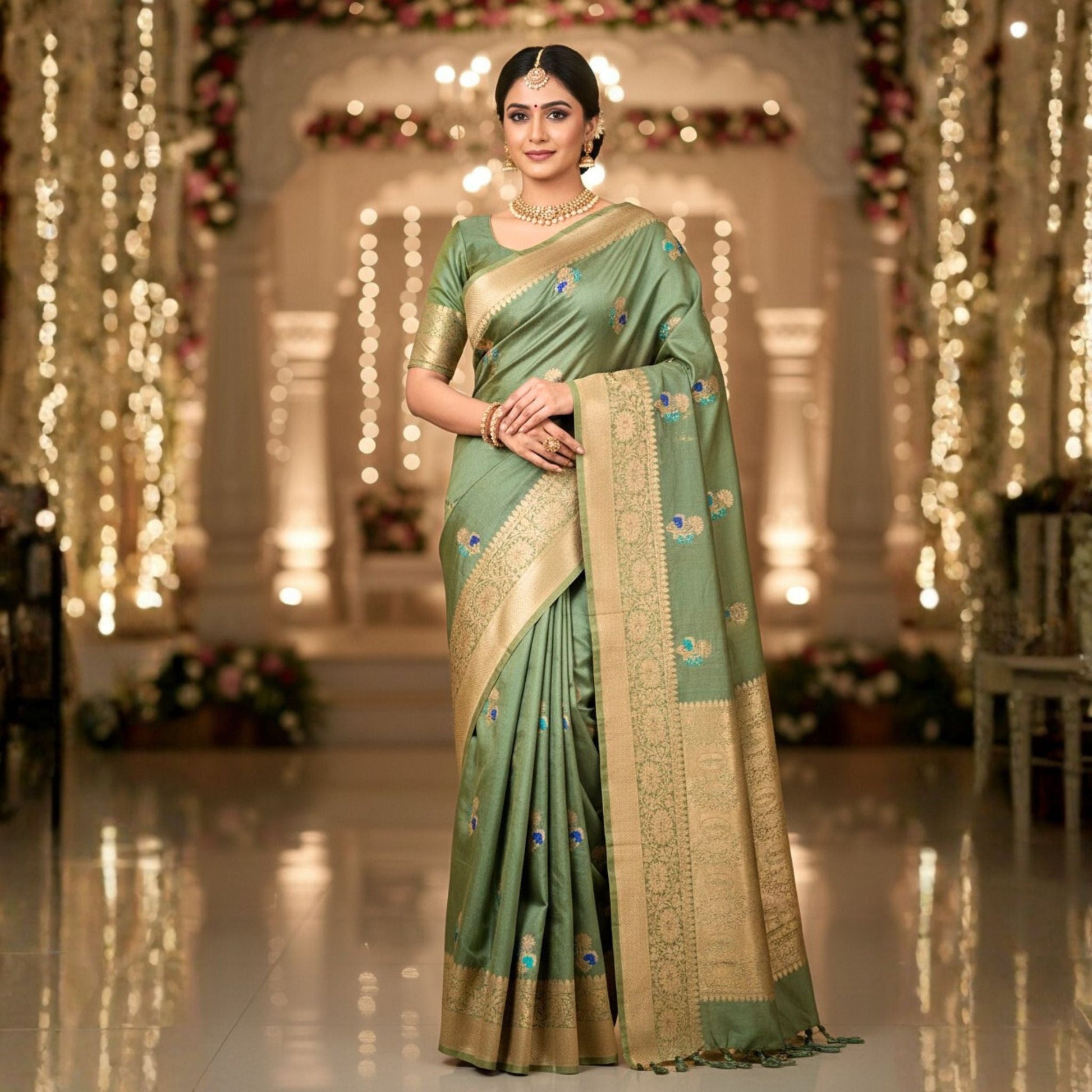 Pista Green Tussar Benarasi Saree -Handloom Sarees- Aananda Collections