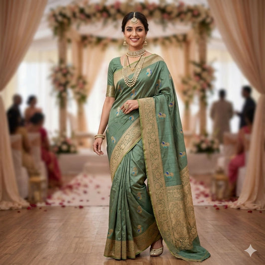 Pista Green Tussar Benarasi Saree -Handloom Sarees- Aananda Collections