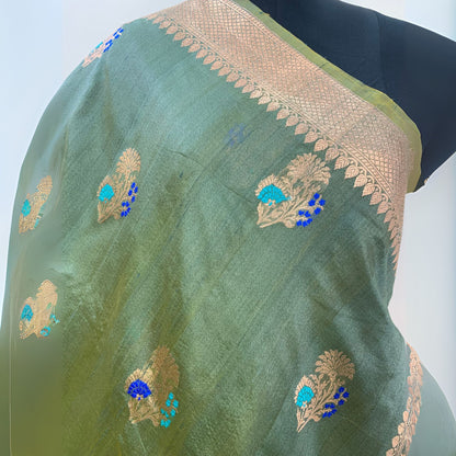 Pista Green Tussar Benarasi Saree -Handloom Sarees- Aananda Collections