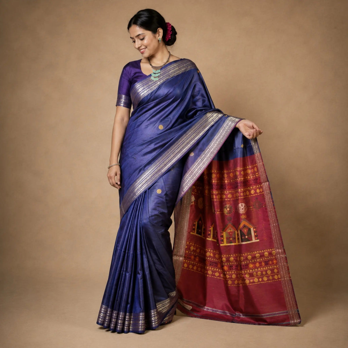 Pure Vidarbha Tussar Silk Saree | Indigo Handloom | Dolaberi Pallu -Handloom Sarees- Aananda Collections