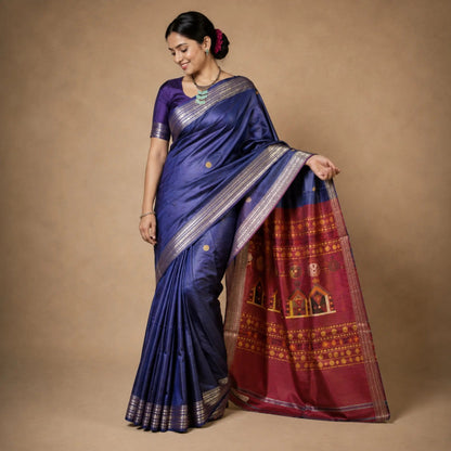 Pure Vidarbha Tussar Silk Saree | Indigo Handloom | Dolaberi Pallu -Handloom Sarees- Aananda Collections