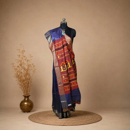 Pure Vidarbha Tussar Silk Saree | Indigo Handloom | Dolaberi Pallu -Handloom Sarees- Aananda Collections