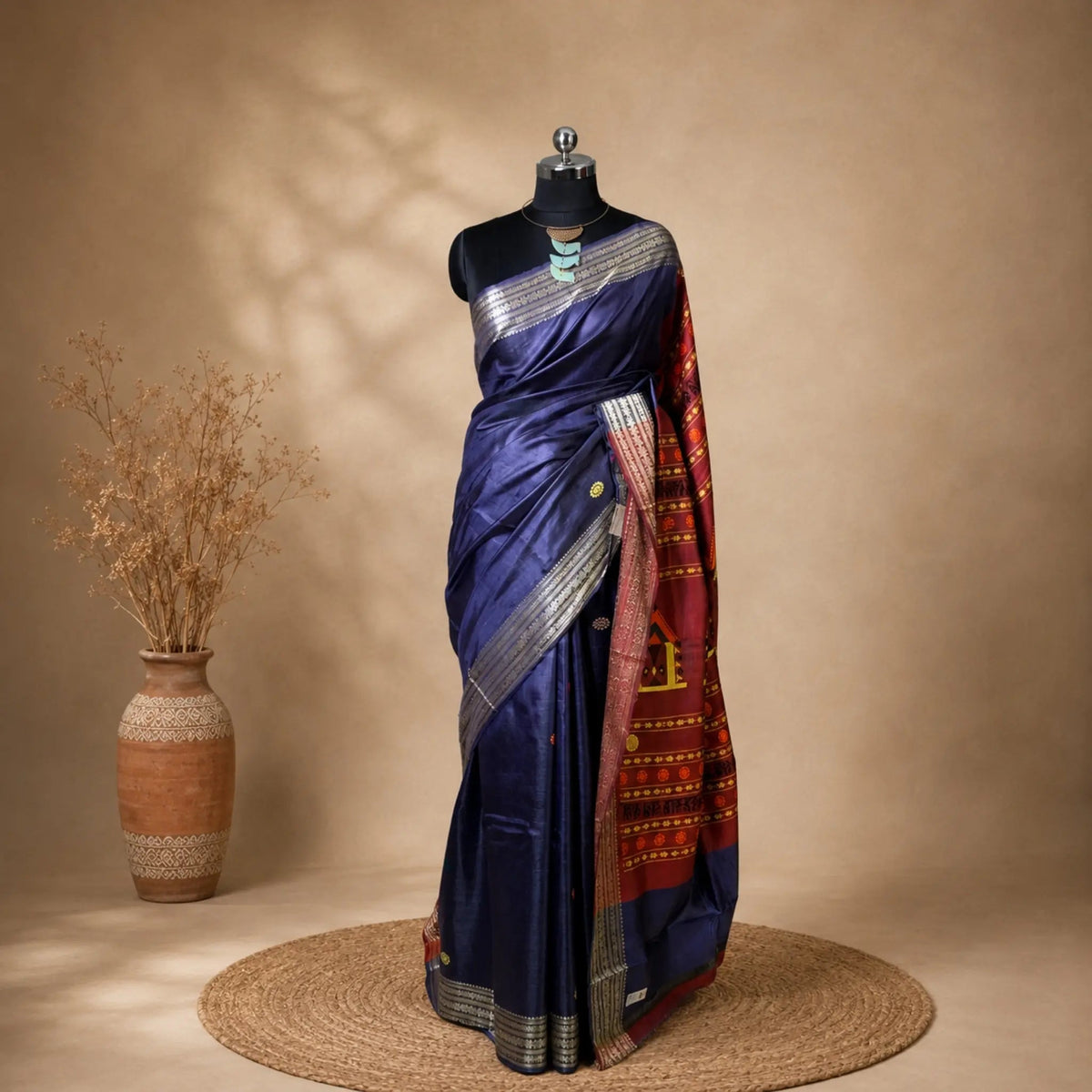 Pure Vidarbha Tussar Silk Saree | Indigo Handloom | Dolaberi Pallu -Handloom Sarees- Aananda Collections