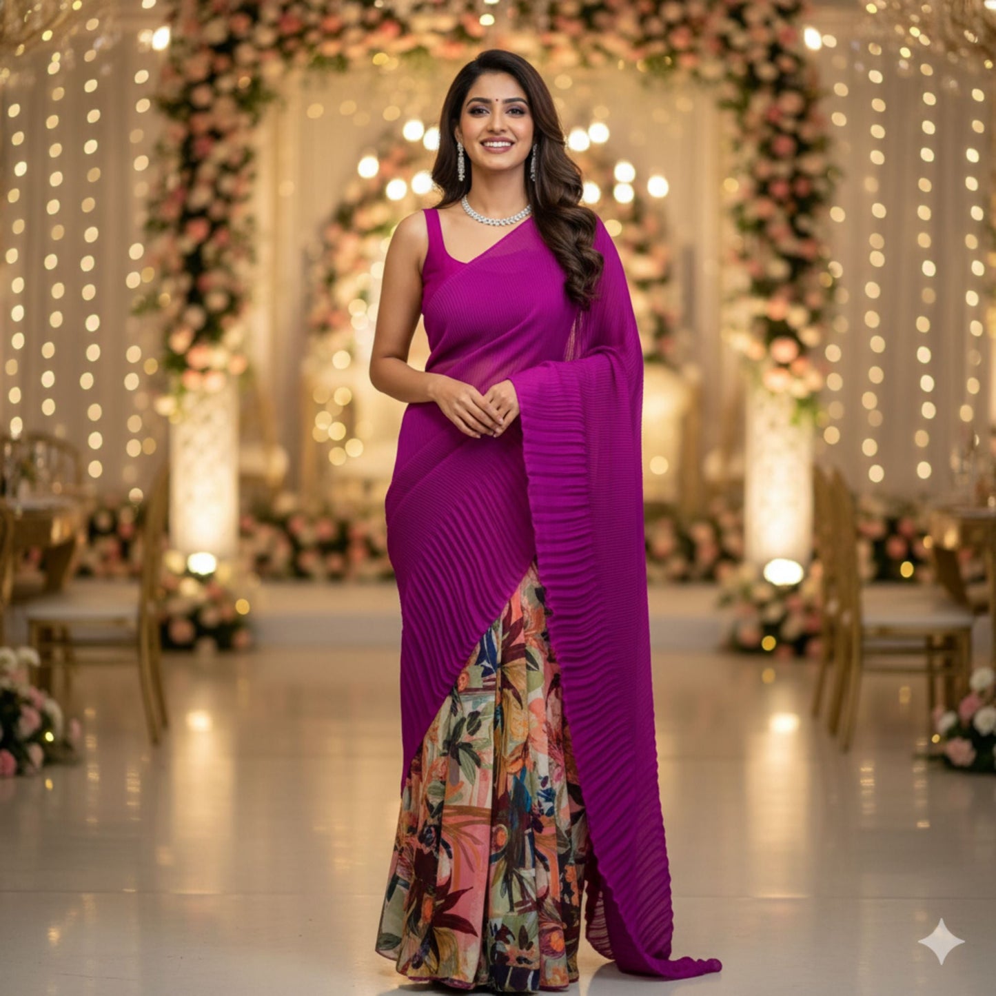 Purple Accordion Pleated Designer Saree -Powerloom Sarees- Aananda Collections
