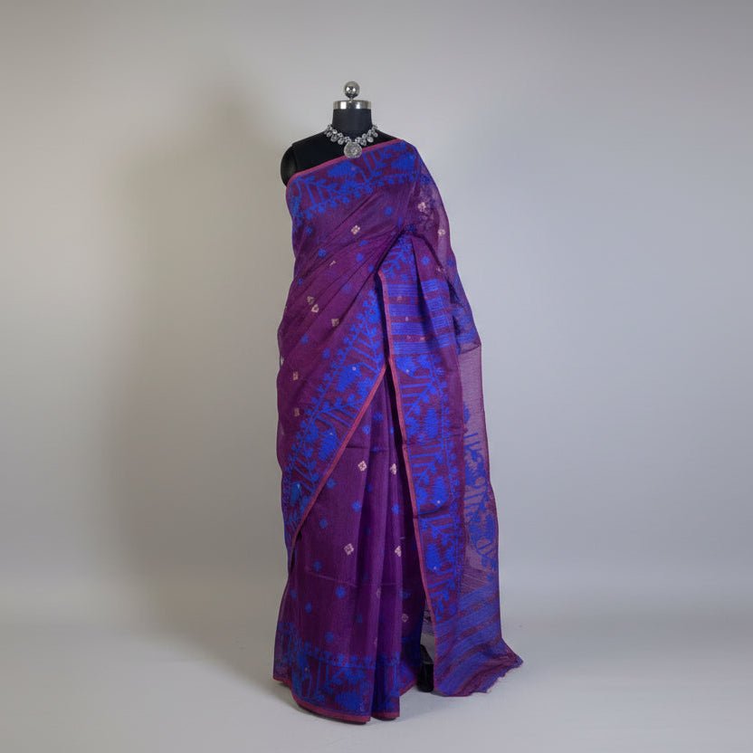 Purple Cotton Dhakai Jamdani Saree With Blue Border -Powerloom Sarees- Aananda Collections