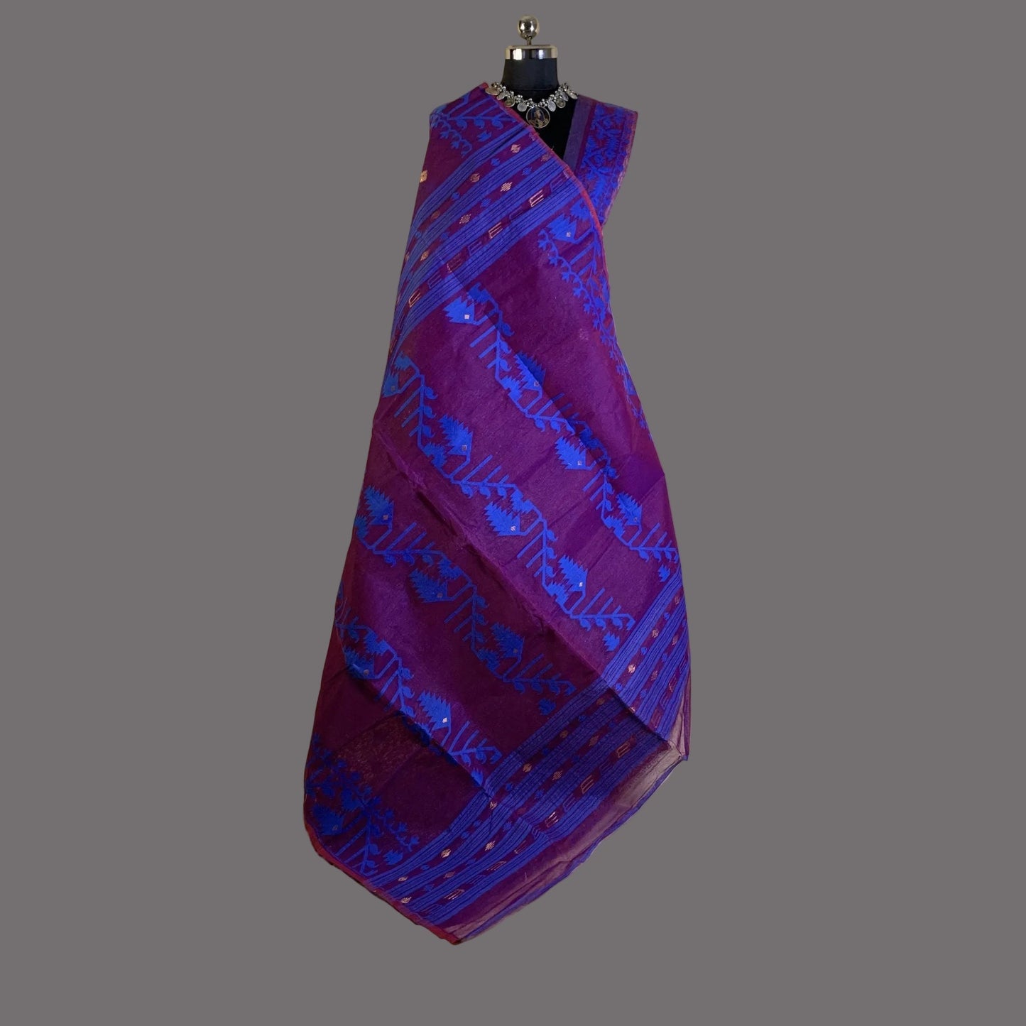 Purple Cotton Dhakai Jamdani Saree With Blue Border -Powerloom Sarees- Aananda Collections