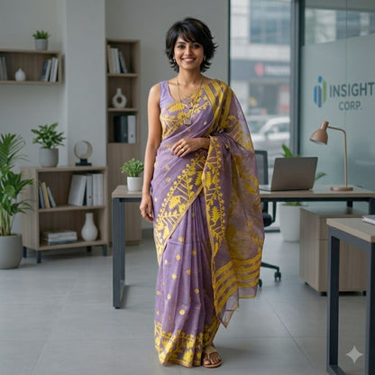 Purple Cotton Dhakai Jamdani Saree -Powerloom Sarees- Aananda Collections