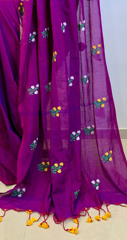 Purple Embroidered Khadi Cotton Saree -Handloom Sarees- Aananda Collections