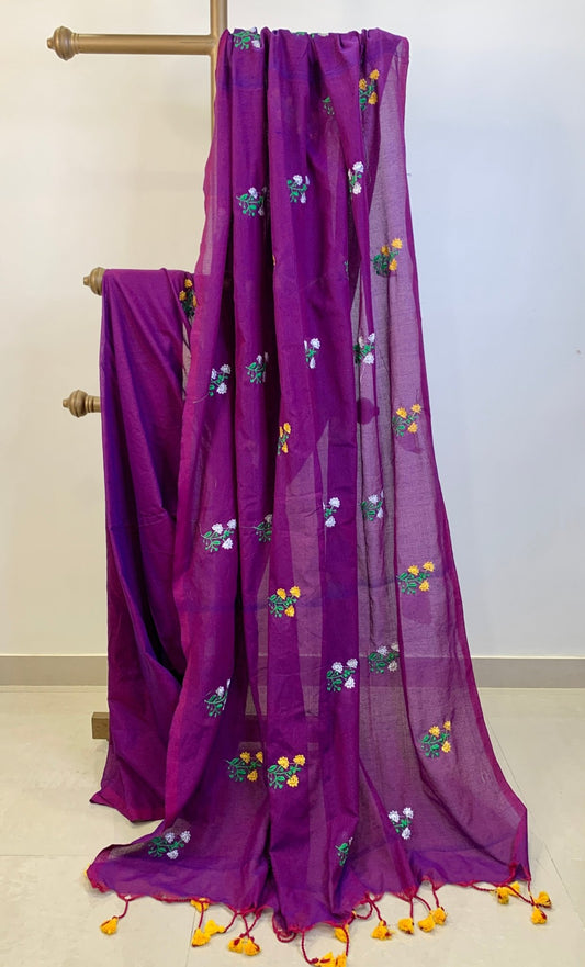 Purple Embroidered Khadi Cotton Saree -Handloom Sarees- Aananda Collections
