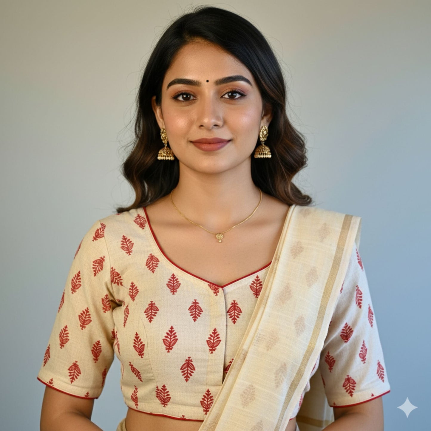 Red and Off White Flax Cotton Blouse -Blouse- Aananda Collections