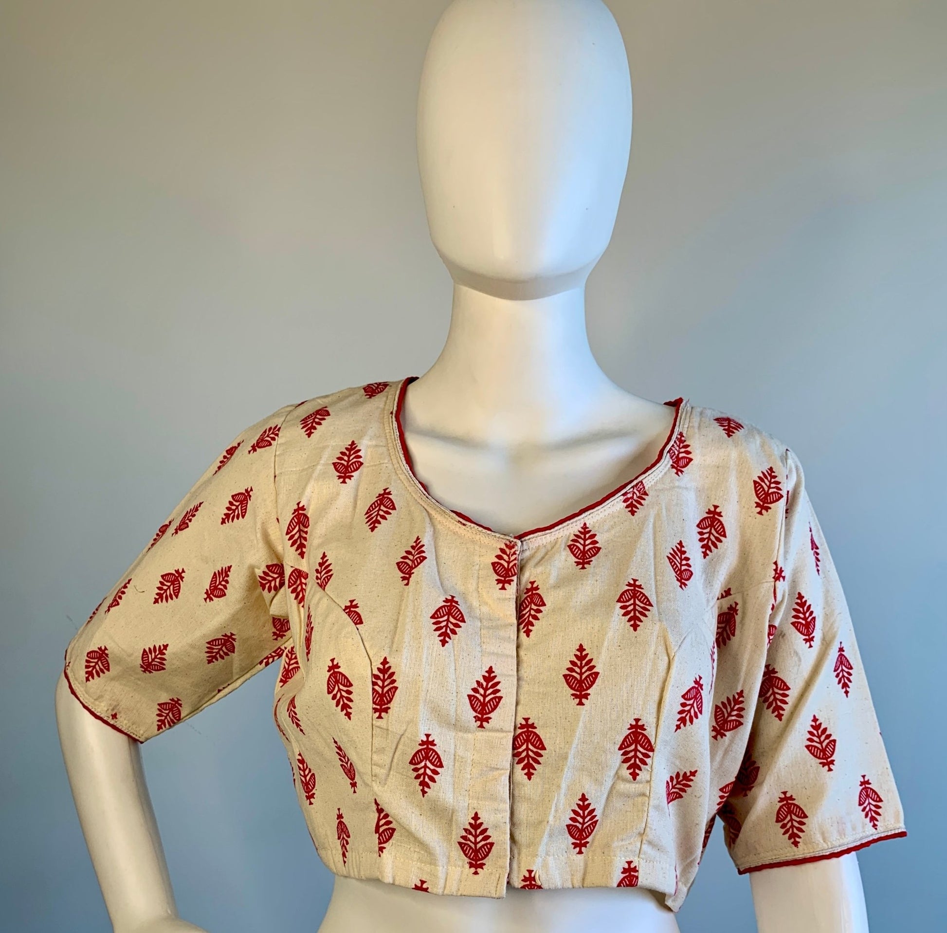 Red and Off White Flax Cotton Blouse -Blouse- Aananda Collections