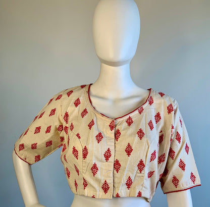 Red and Off White Flax Cotton Blouse -Blouse- Aananda Collections