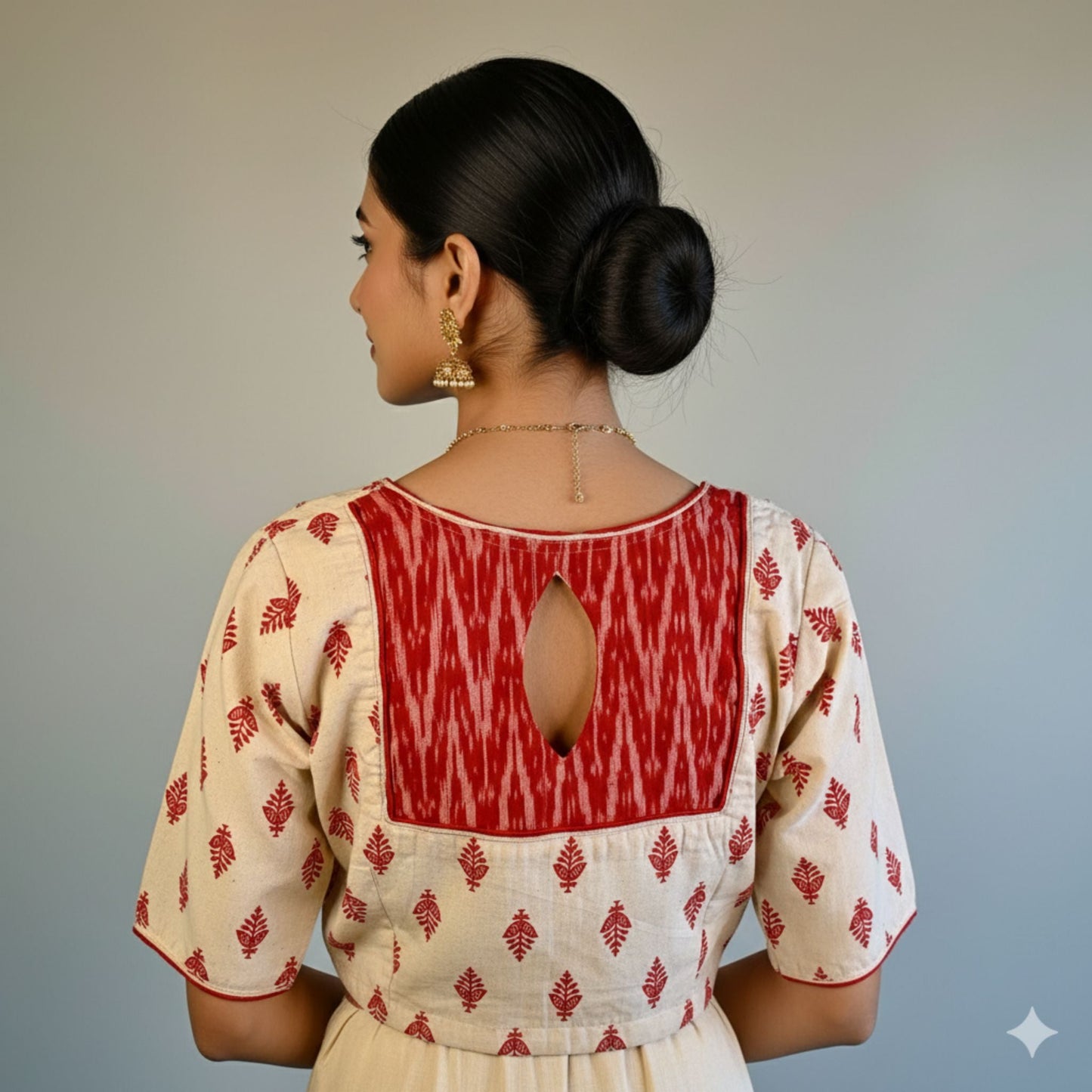 Red and Off White Flax Cotton Blouse -Blouse- Aananda Collections