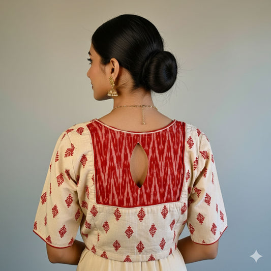 Red and Off White Flax Cotton Blouse -Blouse- Aananda Collections