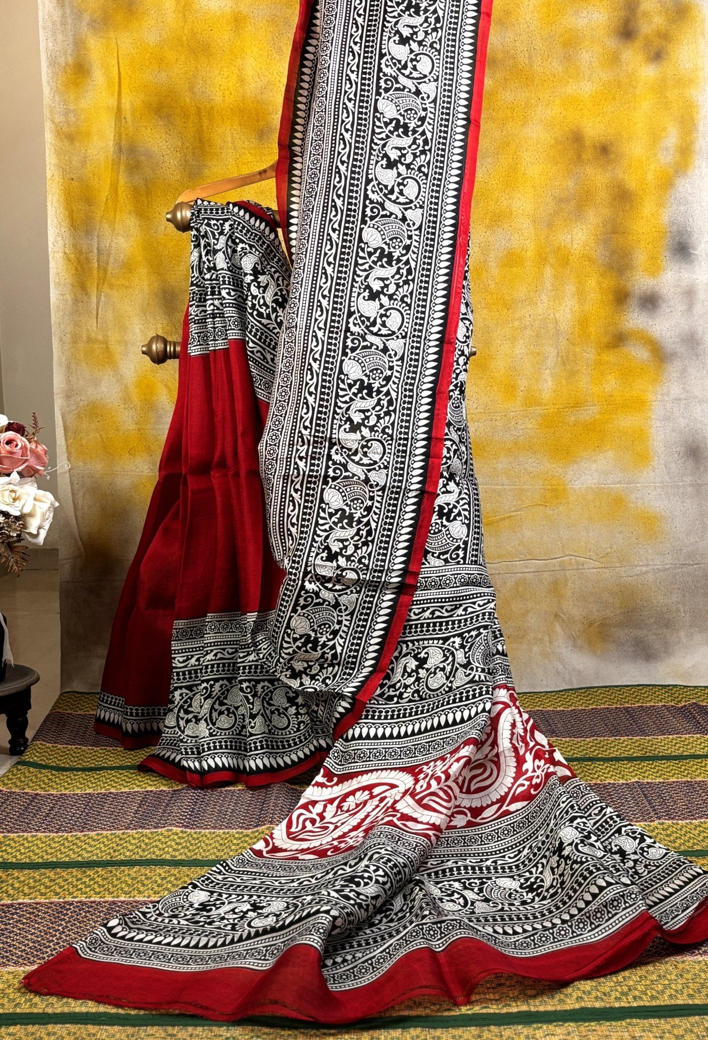Red Block Printed Murshidabad Silk Saree -Handloom Sarees- Aananda Collections