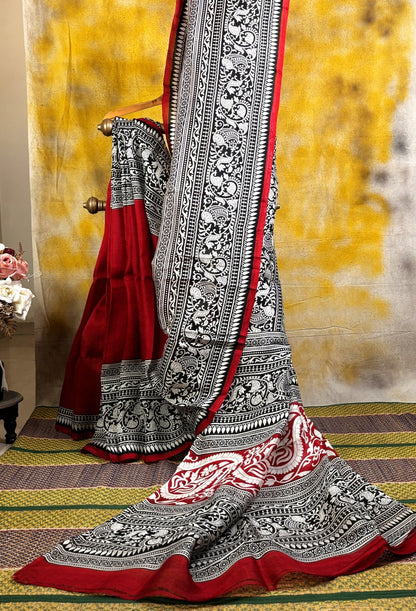 Red Block Printed Murshidabad Silk Saree -Handloom Sarees- Aananda Collections