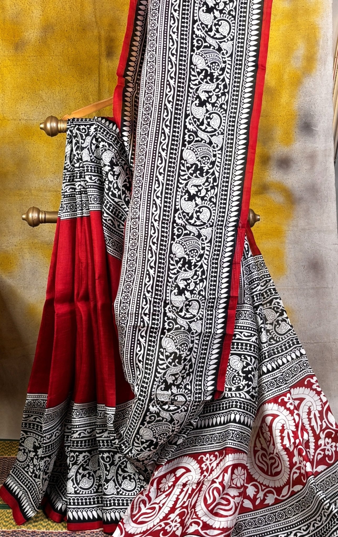 Red Block Printed Murshidabad Silk Saree -Handloom Sarees- Aananda Collections