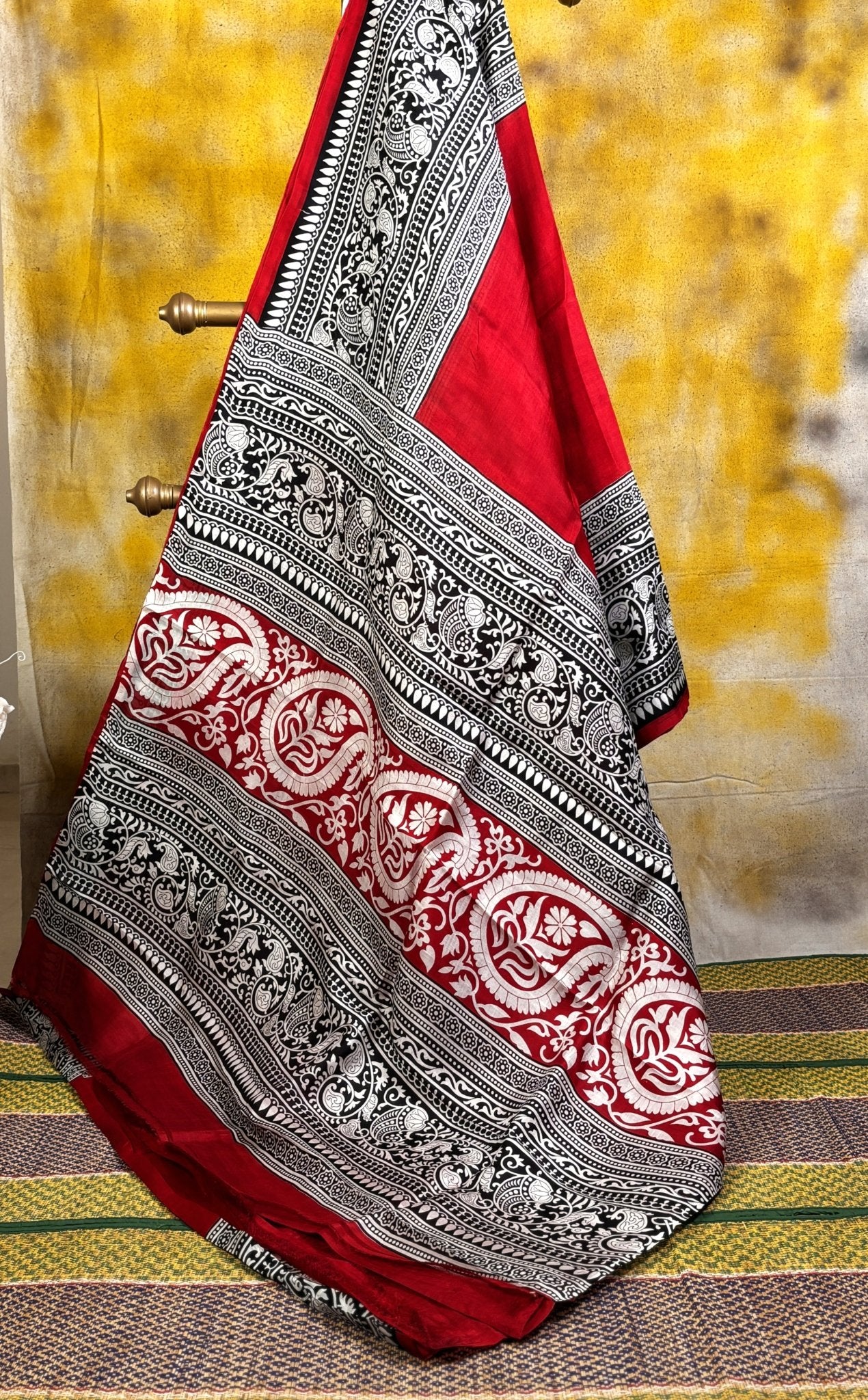 Red Block Printed Murshidabad Silk Saree -Handloom Sarees- Aananda Collections