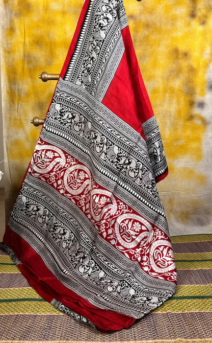 Red Block Printed Murshidabad Silk Saree -Handloom Sarees- Aananda Collections