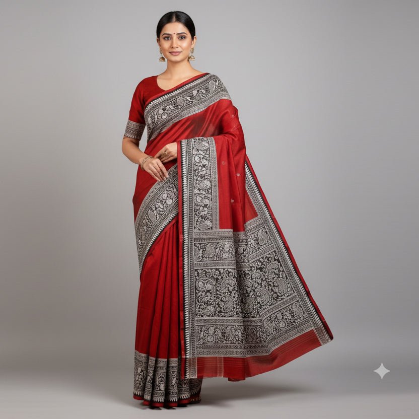 Red Block Printed Murshidabad Silk Saree -Handloom Sarees- Aananda Collections