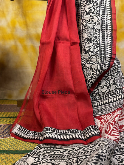 Red Block Printed Murshidabad Silk Saree -Handloom Sarees- Aananda Collections