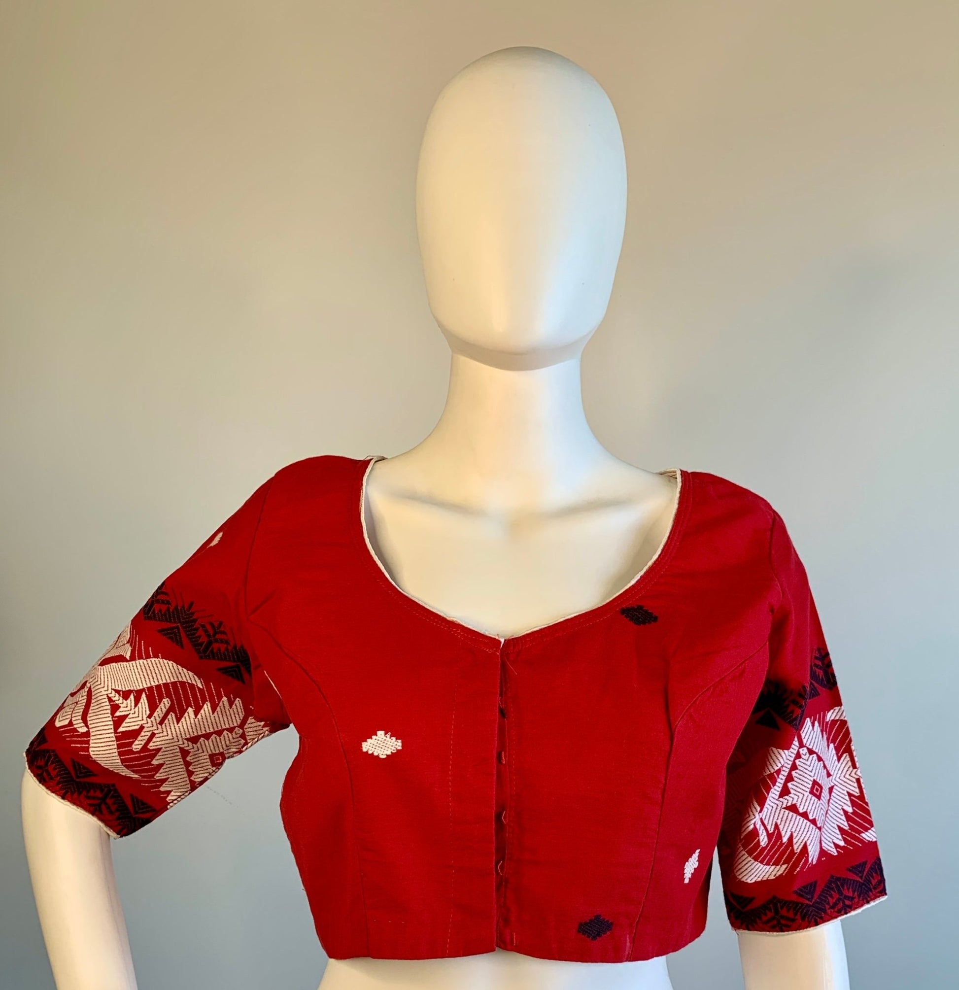 Red Cotton Jamdani Blouse -Blouse- Aananda Collections