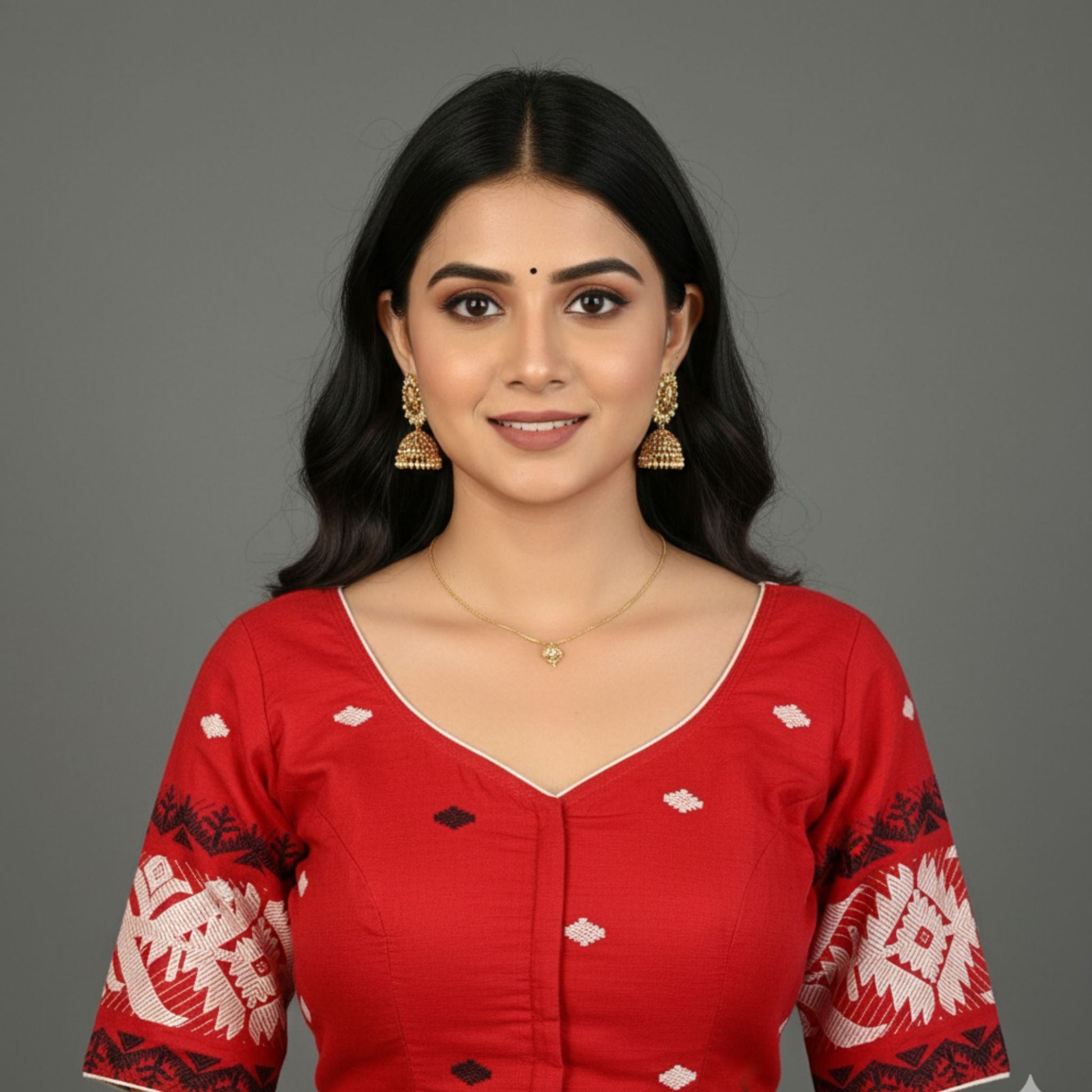 Red Cotton Jamdani Blouse -Blouse- Aananda Collections