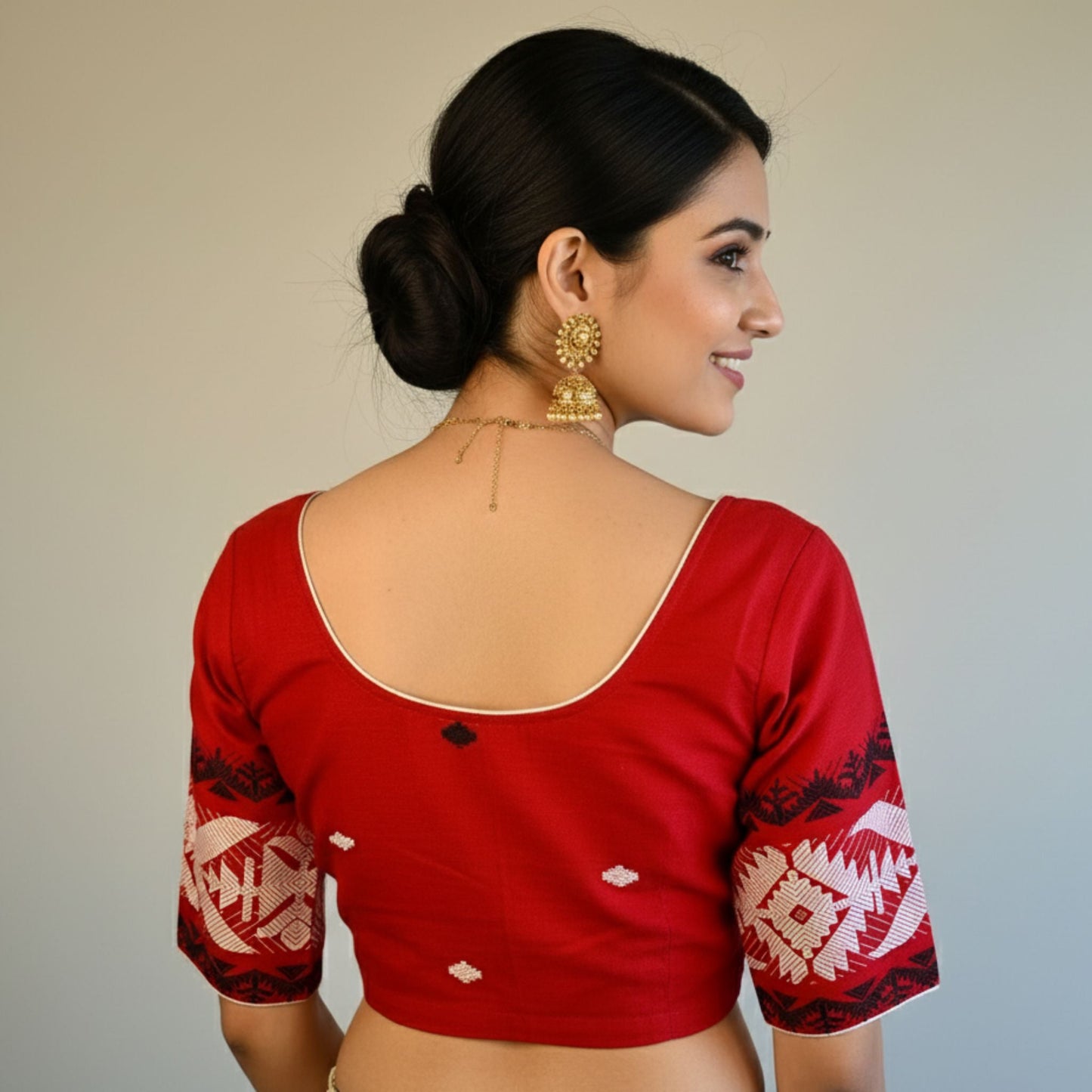 Red Cotton Jamdani Blouse -Blouse- Aananda Collections