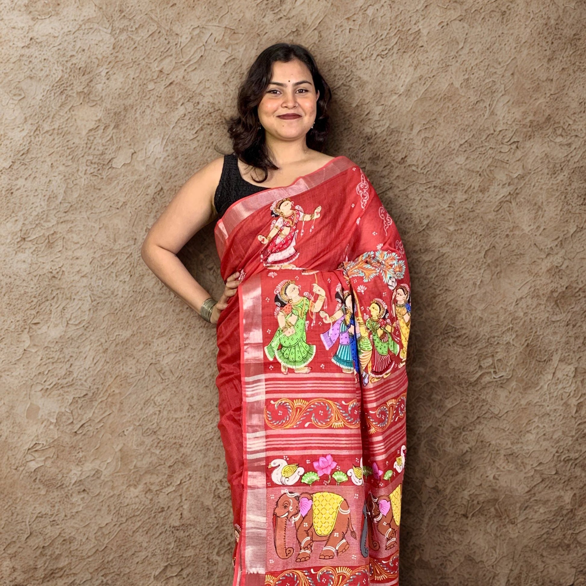 Red Hand-Painted Pattachitra Linen Saree -Handloom Sarees- Aananda Collections