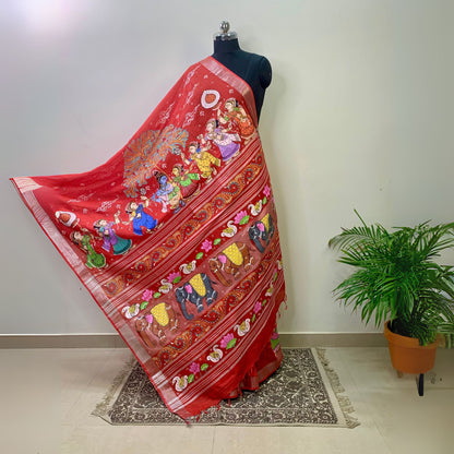Red Hand-Painted Pattachitra Linen Saree -Handloom Sarees- Aananda Collections