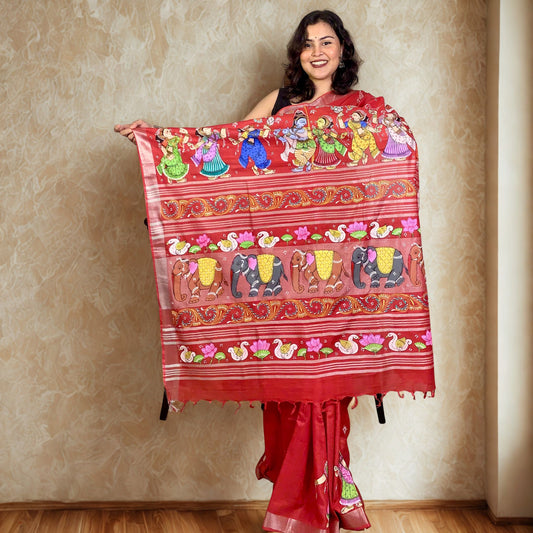 Red Hand-Painted Pattachitra Linen Saree -Handloom Sarees- Aananda Collections