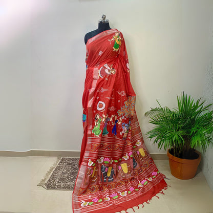 Red Hand-Painted Pattachitra Linen Saree -Handloom Sarees- Aananda Collections