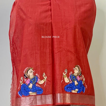Red Hand-Painted Pattachitra Linen Saree -Handloom Sarees- Aananda Collections