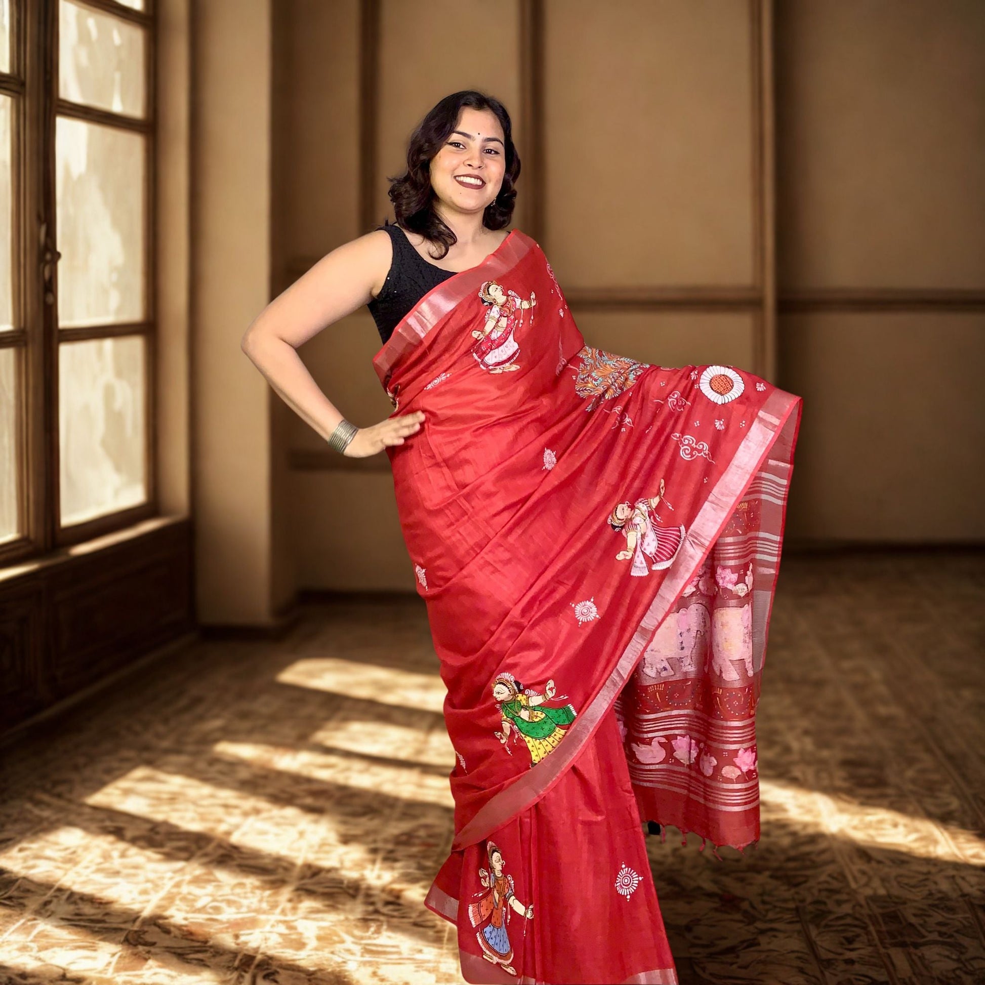 Red Hand-Painted Pattachitra Linen Saree -Handloom Sarees- Aananda Collections