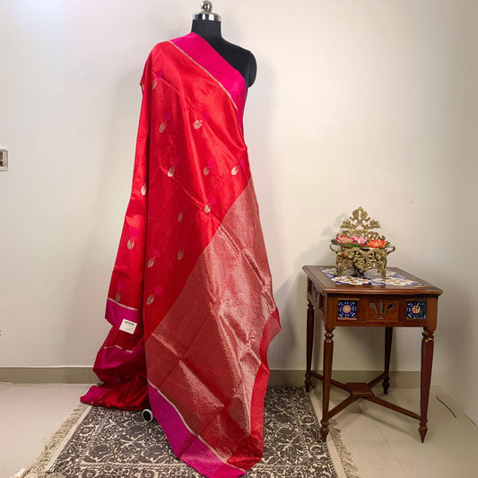 Red & Pink Chanderi Silk Saree -Handloom Sarees- Aananda Collections