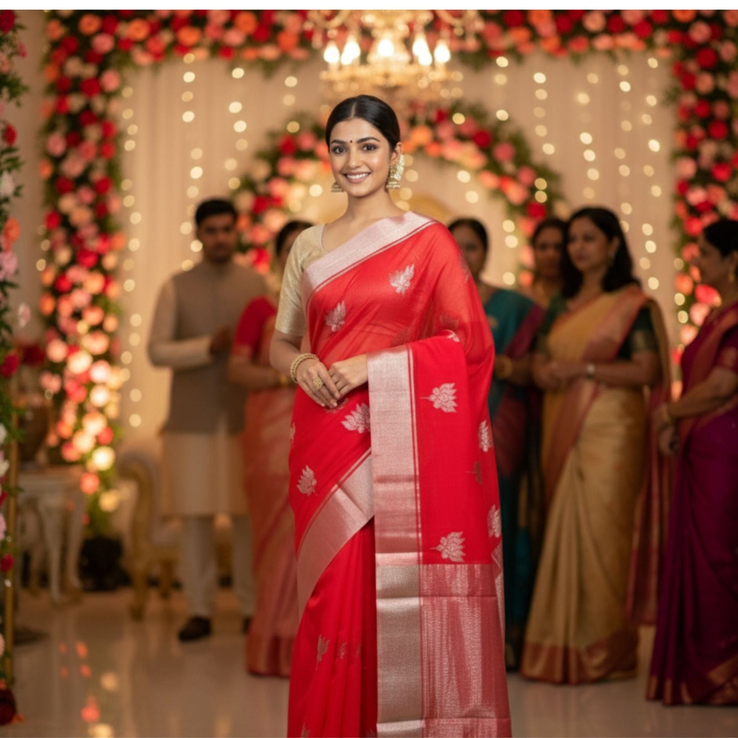 Red & Silver Zari Chanderi Silk Saree -Handloom Sarees- Aananda Collections