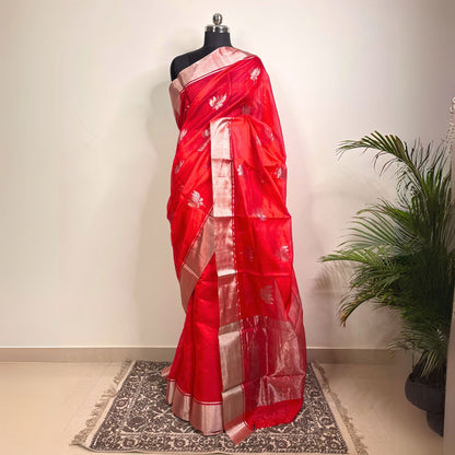 Red & Silver Zari Chanderi Silk Saree -Handloom Sarees- Aananda Collections