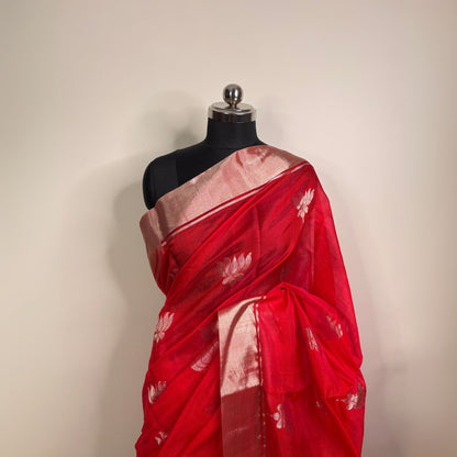 Red & Silver Zari Chanderi Silk Saree -Handloom Sarees- Aananda Collections