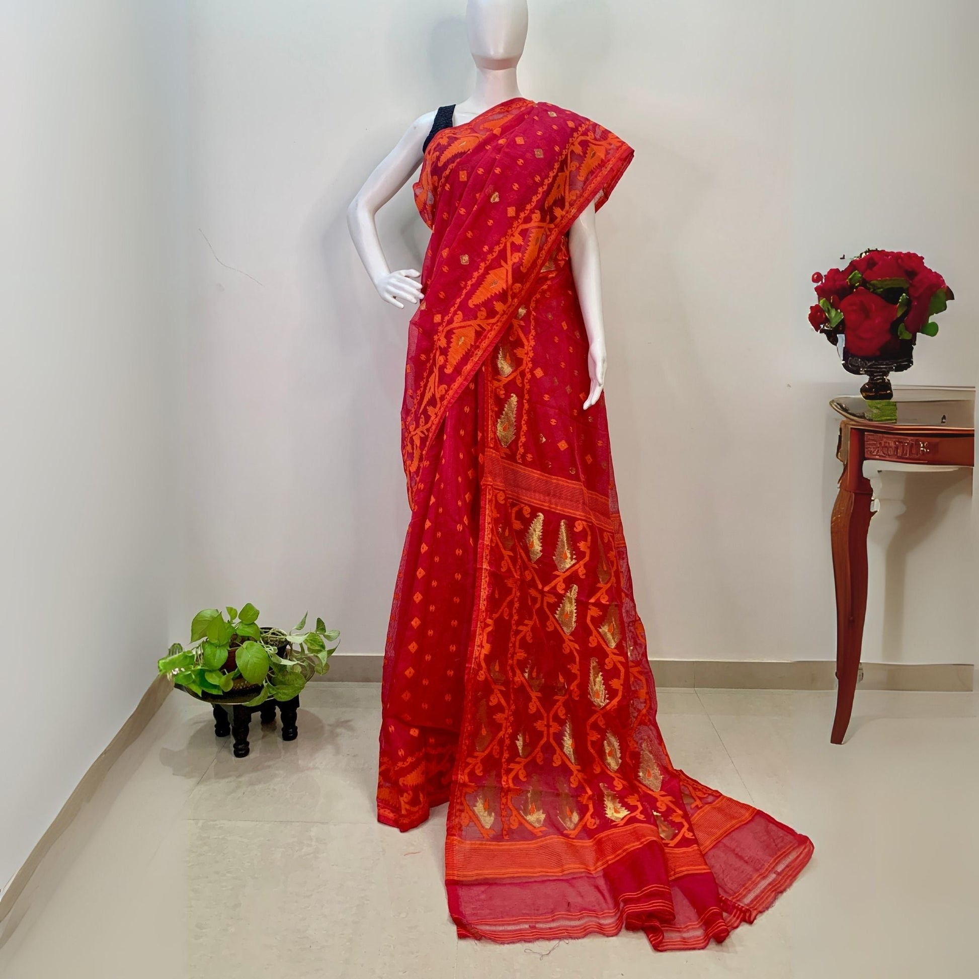 Red Soft Dhakai Jamdani -Powerloom Sarees- Aananda Collections