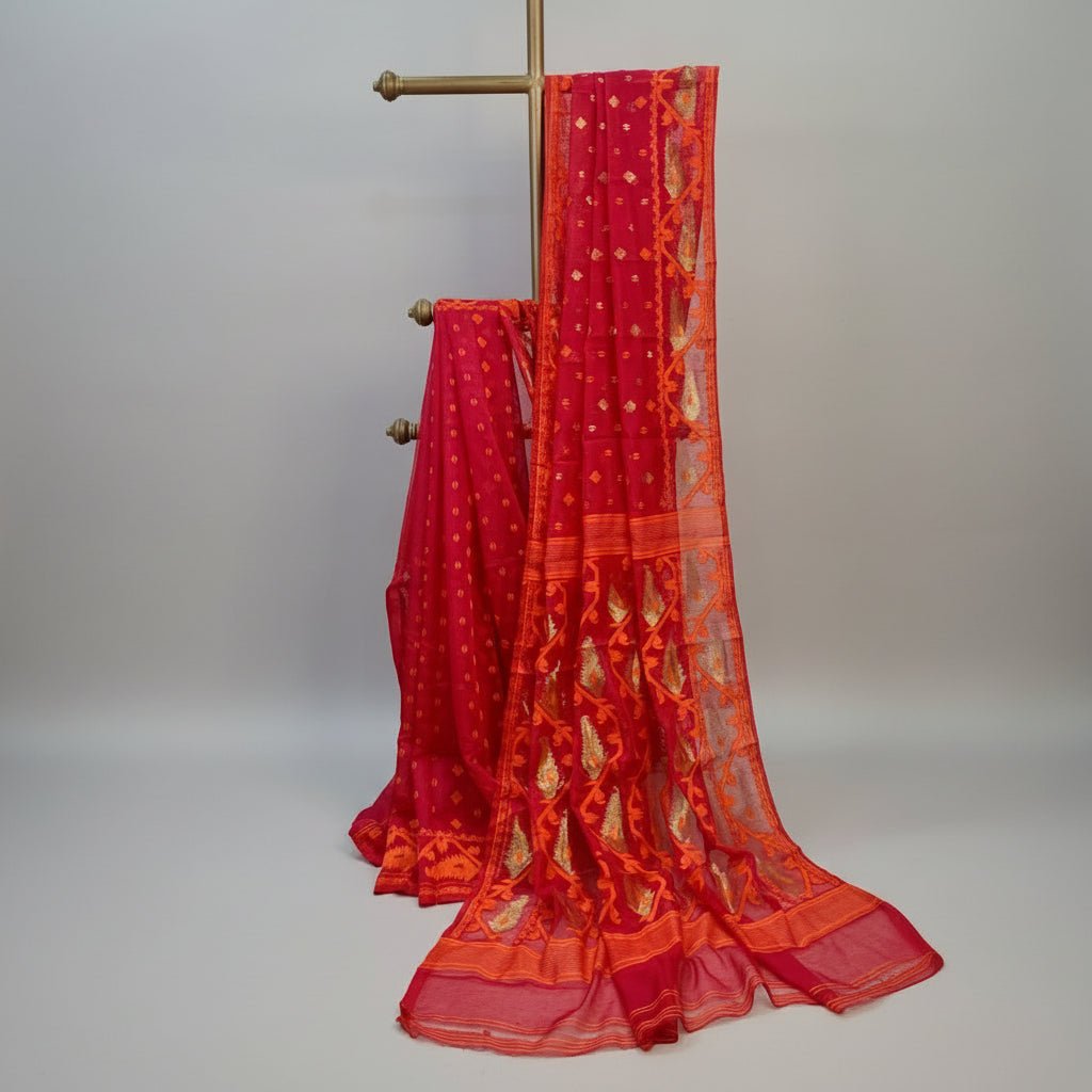 Red Soft Dhakai Jamdani -Powerloom Sarees- Aananda Collections