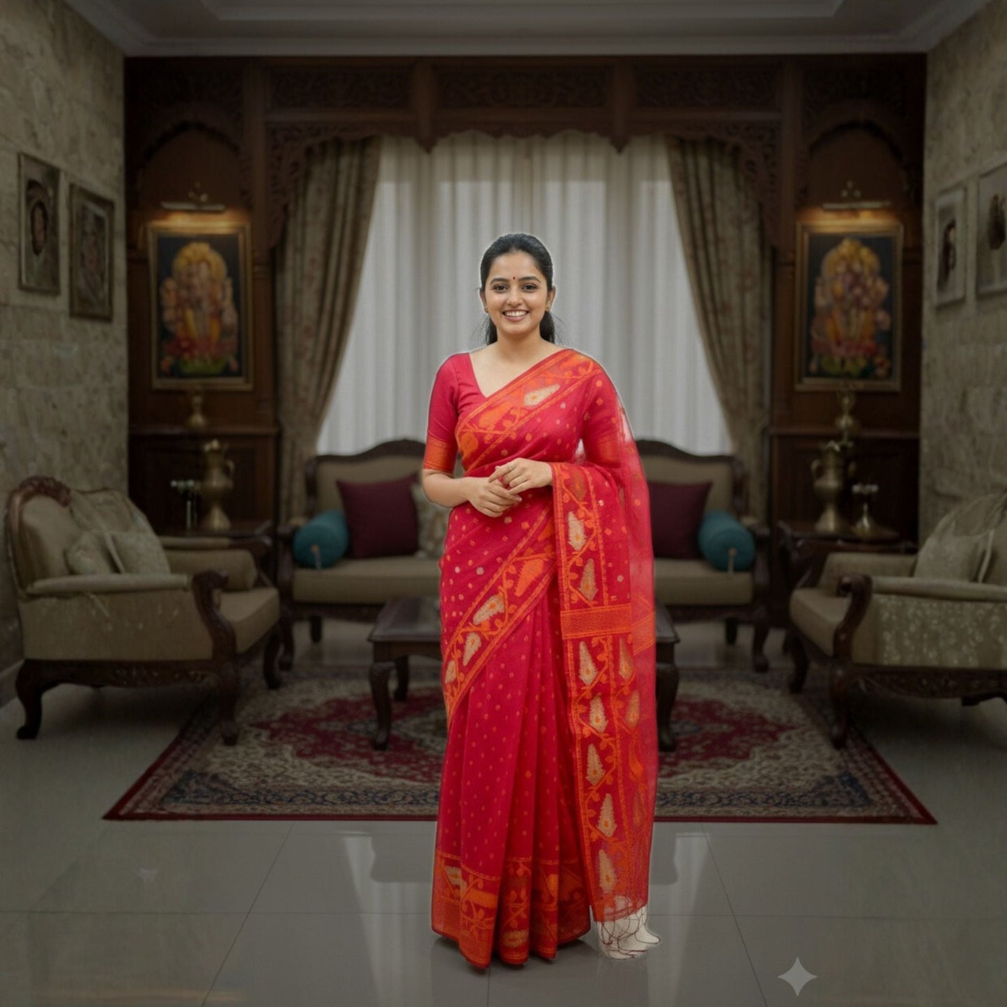 Red Soft Dhakai Jamdani -Powerloom Sarees- Aananda Collections