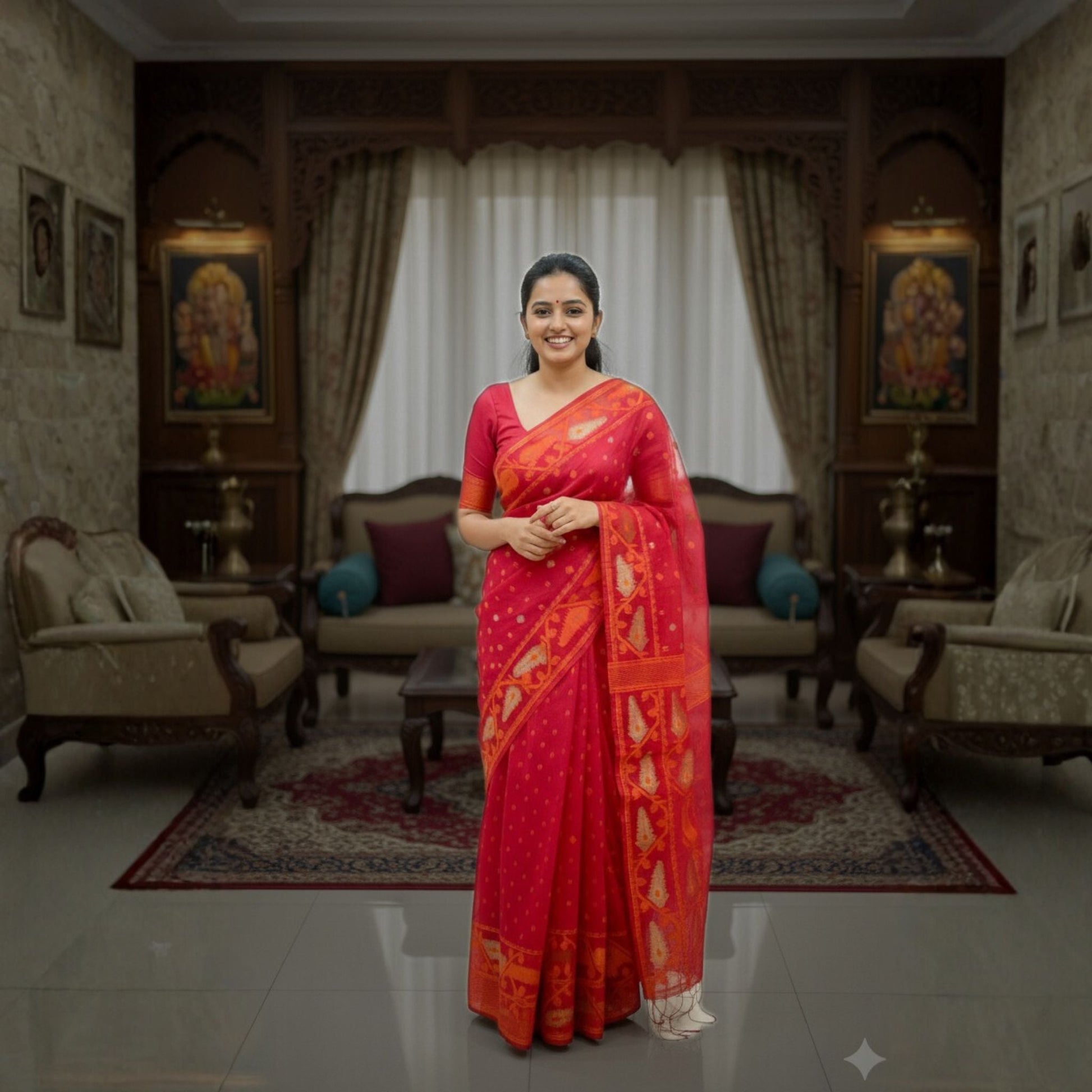 Red Soft Dhakai Jamdani -Powerloom Sarees- Aananda Collections