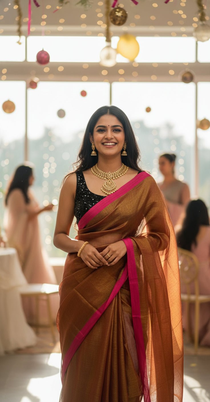 Rust Colour Linen Tissue Saree -Handloom Sarees- Aananda Collections