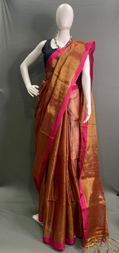 Rust Colour Linen Tissue Saree -Handloom Sarees- Aananda Collections