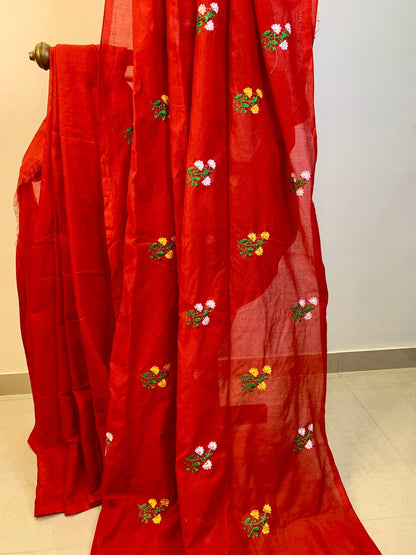 Rust Red Embroidered Khadi Cotton -Handloom Sarees- Aananda Collections