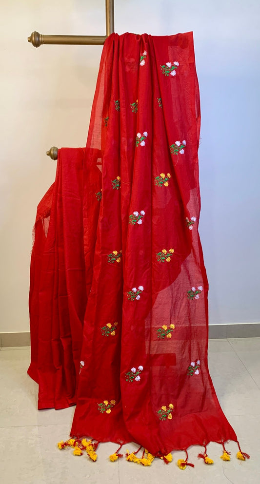 Rust Red Embroidered Khadi Cotton -Handloom Sarees- Aananda Collections