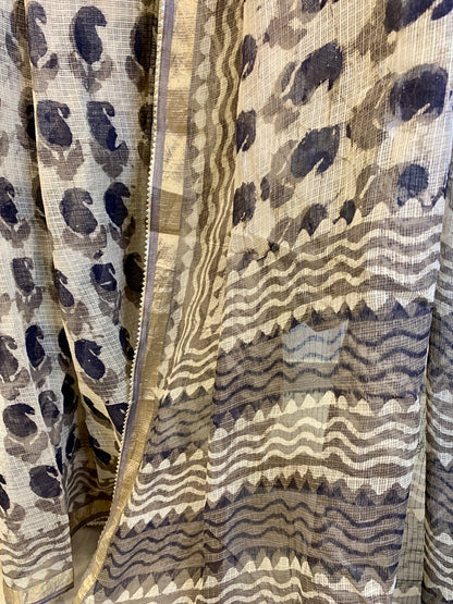 Salt and Pepper Bagru Cotton Kota Saree -Handloom Sarees- Aananda Collections