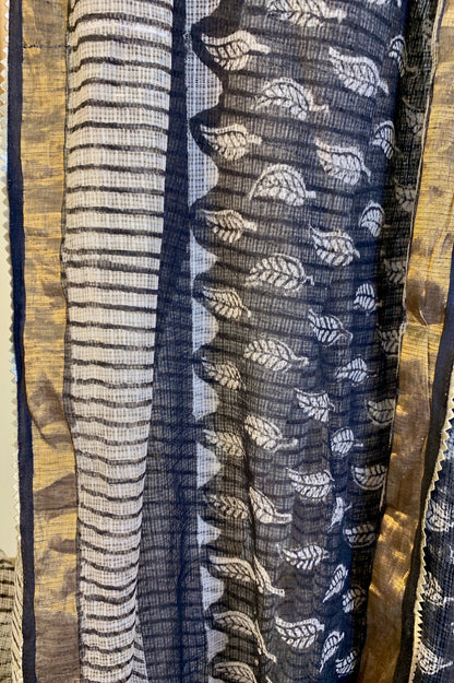 Salt & Pepper Bagru Cotton Kota Saree -Handloom Sarees- Aananda Collections