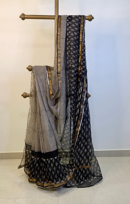 Salt & Pepper Bagru Cotton Kota Saree -Handloom Sarees- Aananda Collections