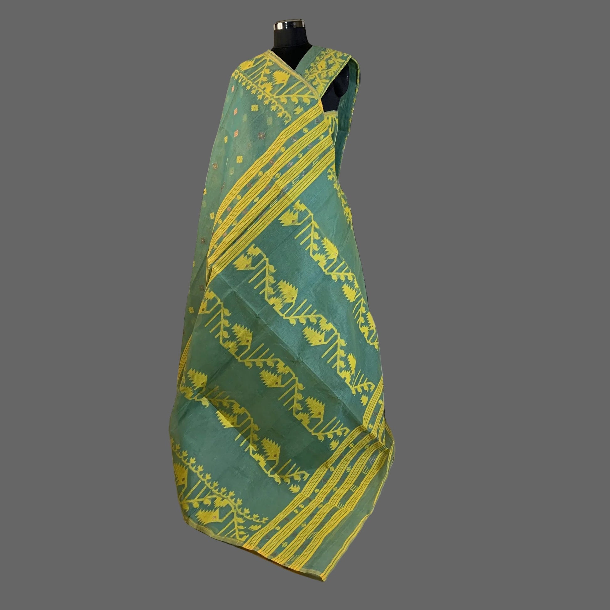 Sap Green Cotton Dhakai Jamdani Saree -Powerloom Sarees- Aananda Collections